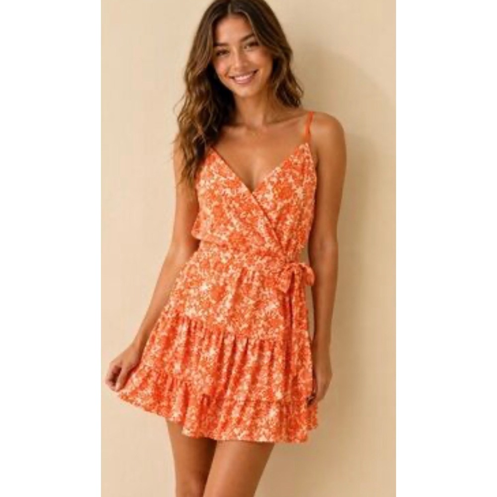 Band of the Free Orange Floral Tiered Ruffle Mini Dress Sleeveless V-Neck Size S